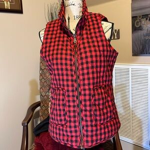 ♥️ ETWO Buffalo Plaid VEST♥️ Red/Black front zipper high neck SIZE M 100% cotton